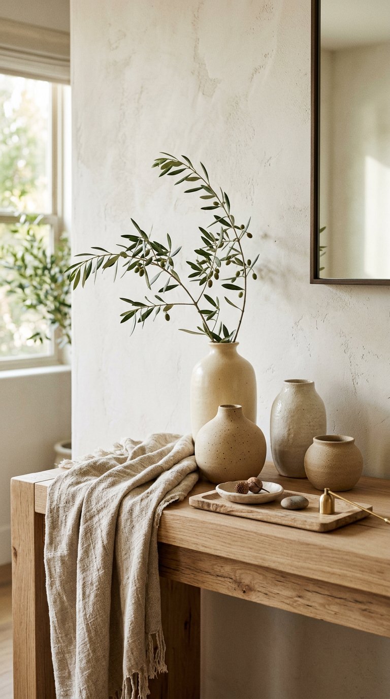 Stoneware vases and a linen throw on a natural wood console