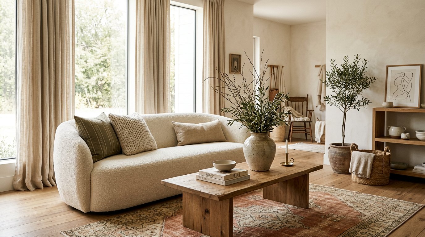Sunlit living room with a cream sofa, natural wood and textured decor