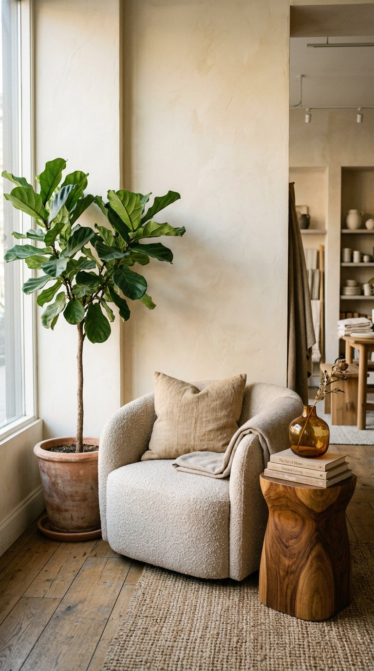 Cozy reading corner with a textured chair and natural accents